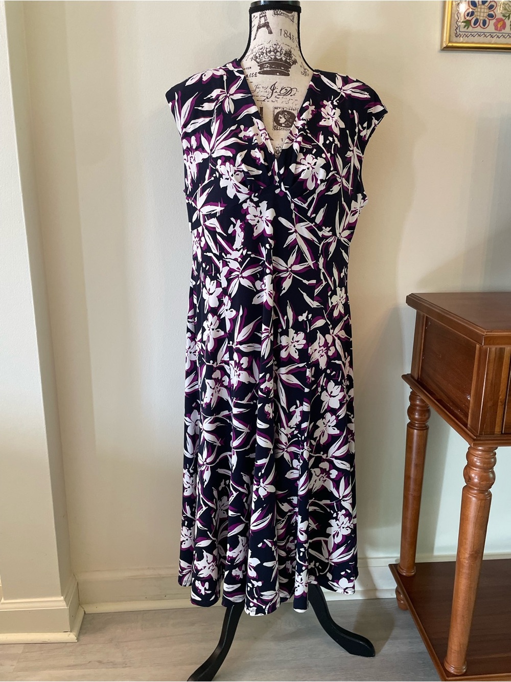 Chaps Navy & Purple Floral Stretch Dress 💜 XL